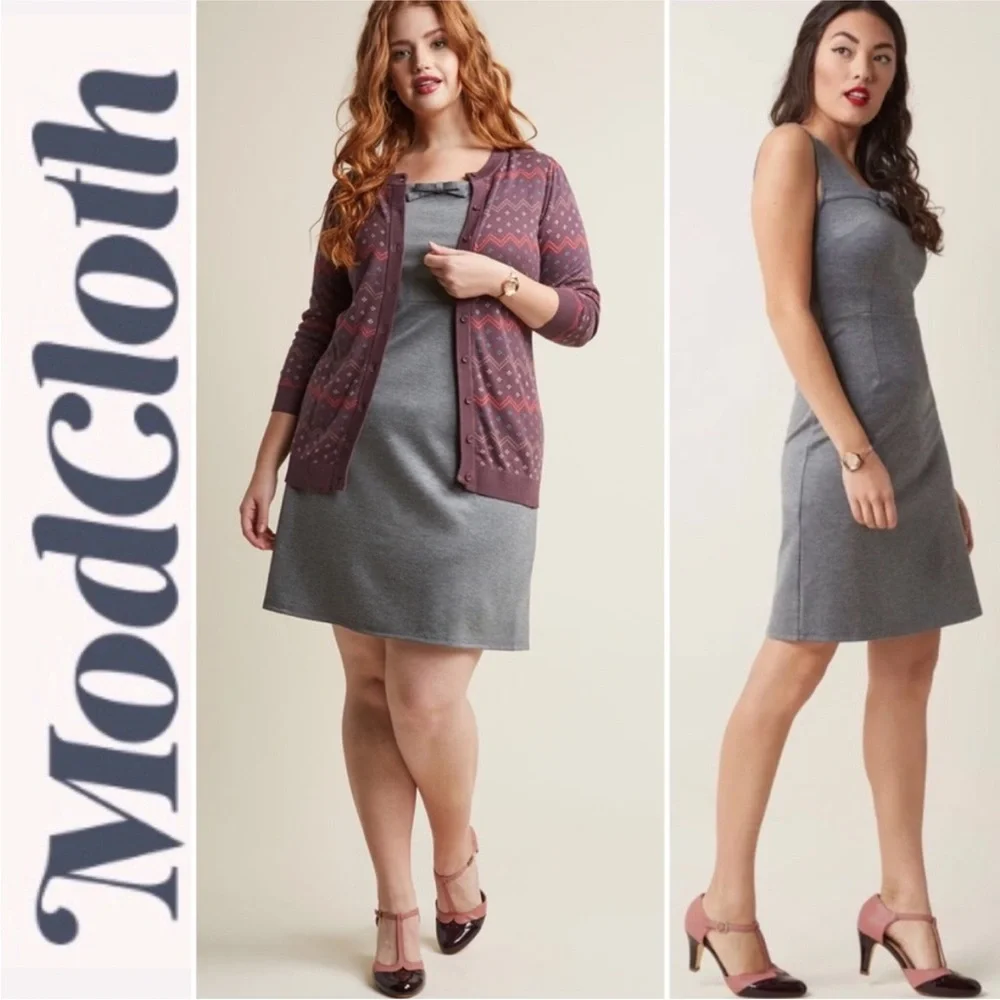 ModCloth Gray Retro Sheath Dress with Square Neckline Bow Detail Sleeveless 2X